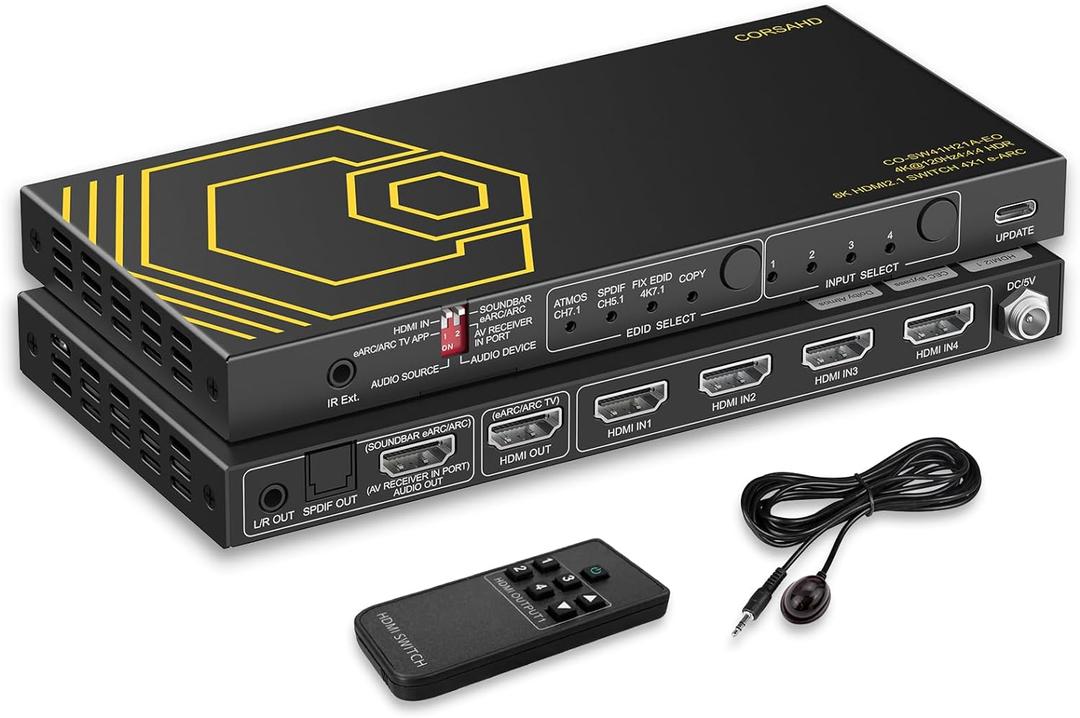 8K@60Hz 4K@120Hz HDMI2.1 Switch 4 in 1 Out with eARC,ARC Audio Extractor,7.1Ch,SPDIF 5.1Ch,48Gbps,HDCP2.3 Bypass,VRR,IR,3D,HDR 10,Dolby Atmos,Compatible with QLED TV,PS5,Xbox,Sonos Soundbar,Apple TV
