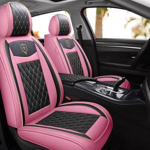 Car Seat Covers Full Set, Super Luxurious Heavy Universal Duty Waterproof Leather Automotive Vehicle Cover for Cars SUV Pick-up Truck, Non-Slip Seat Pink Car Accessories (Pink Black)