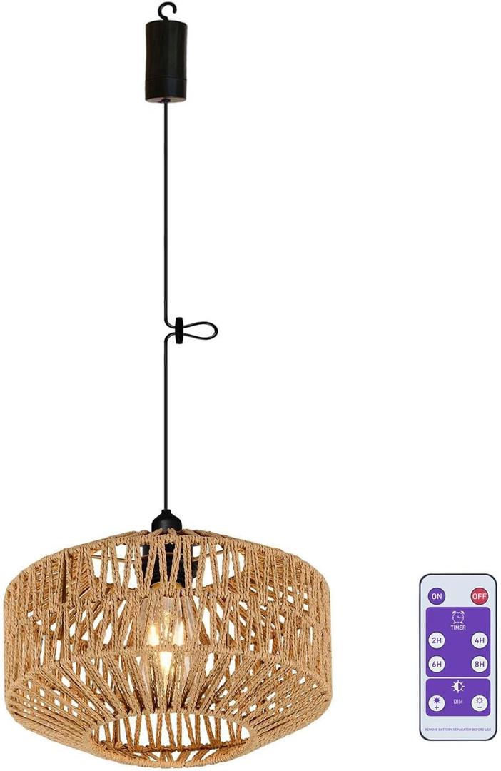 Battery Operated Pendant Light Outdoor Chandelier for Gazebo Hanging Lamp with Remote Timer Powered by 4*AA Batteries Boho Rattan Lampshade LED Lantern for Garden Farmhouse Porch Patio Backyard Decor
