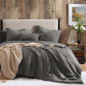 Geniospin King Size Comforter Set- 7 Piece Grey Textured King Bedding Set, Soft Solid Bed in a Bag for All Season, King Comforter Set with Sheets(Grey,102''x90'')