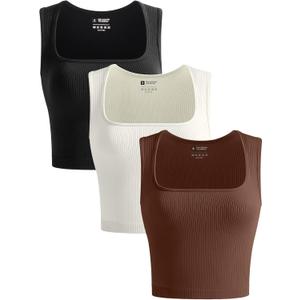 OLCHEE Womens 3 Pack Crop Tank Tops Seamless Ribbed Square Neck Tapered Shoulder Strap Sleeveless Workout Top Summer Shirts (Small, Black + Brown + Beige)