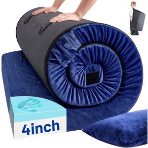 Memory Foam Camping Mattress Pad with Pillow - Extra Thick 4 Inch Sleeping Pad for Camping, Waterproof Roll Up Cot Mattress Topper Bed Mat for Car Truck Tent RV, with Storage Bag Small Single/Cot: 72*24*4"