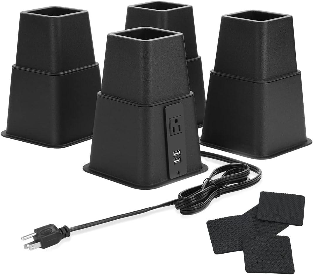 Heavy Duty Bed Risers with Power Outlet and USB, Adjustable 3, 5 or 8 Inch Bed Frame Lifts Raisers for Furniture, Bed, Sofa, College Dorm Twin, Supports up to 1500 lbs (Set of 4)