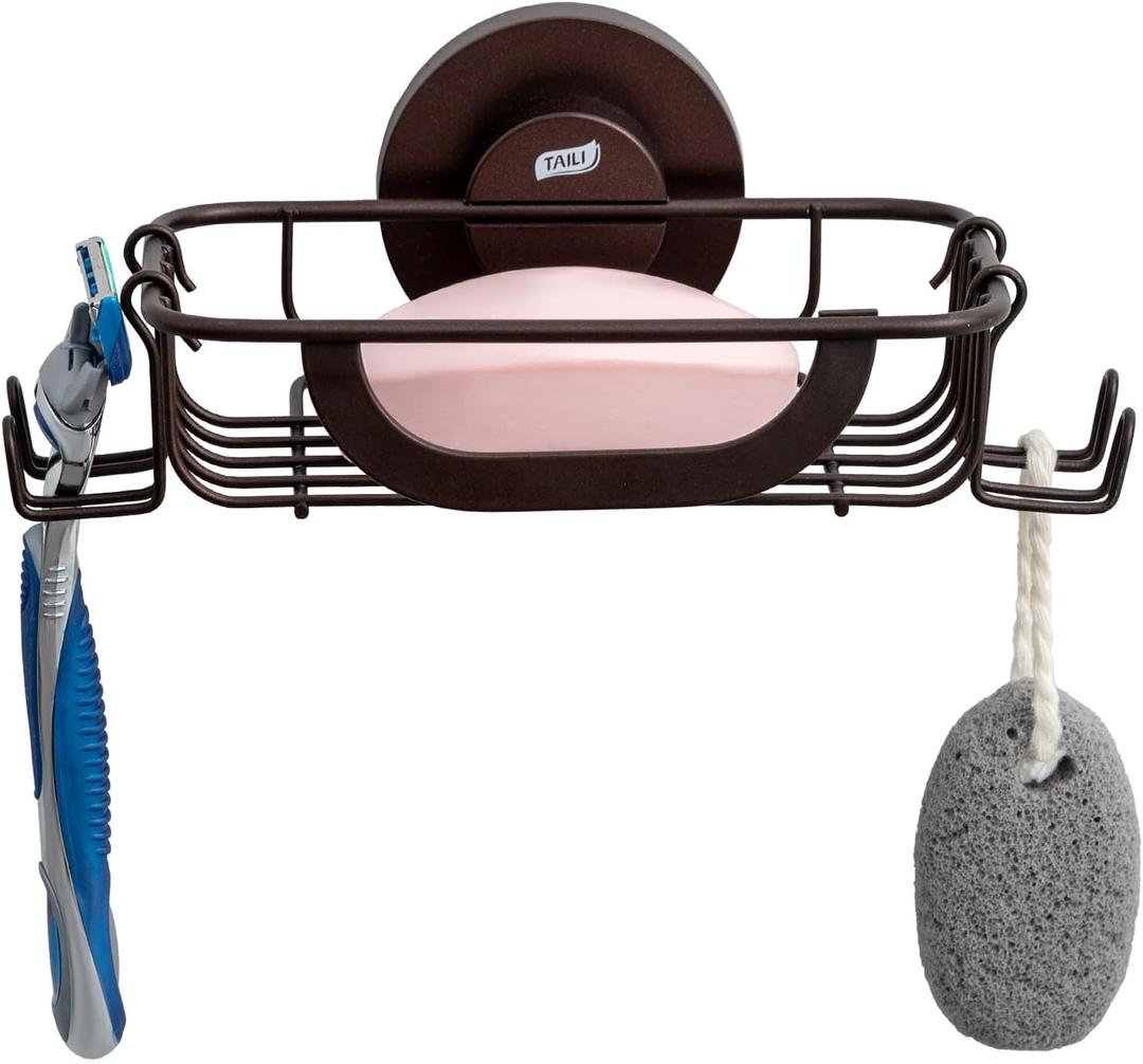 TAILI Soap Bar Holder Dish with Hooks, Shower Soap Tray Saver Suction Cup with Razor Holder for Wall, Rustproof Stainless Steel Bath Shampoo Caddy for Bathroom Accessories Organizer,Brown (5.6" * 4.6")