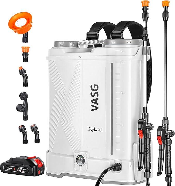 Battery Powered Backpack Sprayer 4 Gallon, 21V 2.6Ah Electric Weed Pump Sprayer with 6 Nozzles, Telescopic Wand (Stainless Steel + Plastic) for Garden Weed Lawn Yard Clean, Charger Included