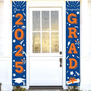 Graduation Porch Banner Class Sign Congrats Grad Hanging Flags High School College University Party Decoration For Front Door Outdoor Blue Orange
