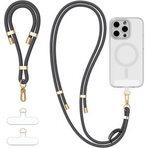 4-IN-1 Phone Lanyard + Wrist Strap Kit with 2 Pack Tabs, Universal Adjustable Phone Strap Crossbody, Anti-Theft Neck Lanyard for iPhone 17 Pro Max and Most Smartphones, Charcoal