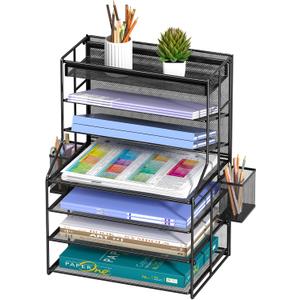 7 Tier Desk File Organizer, Black Metal Letter Tray Paper Organizer with Pull-Out Drawer, Removable Pen Holder & Hanging Basket, Vertical Desktop File Holder for Home Office, Classroom