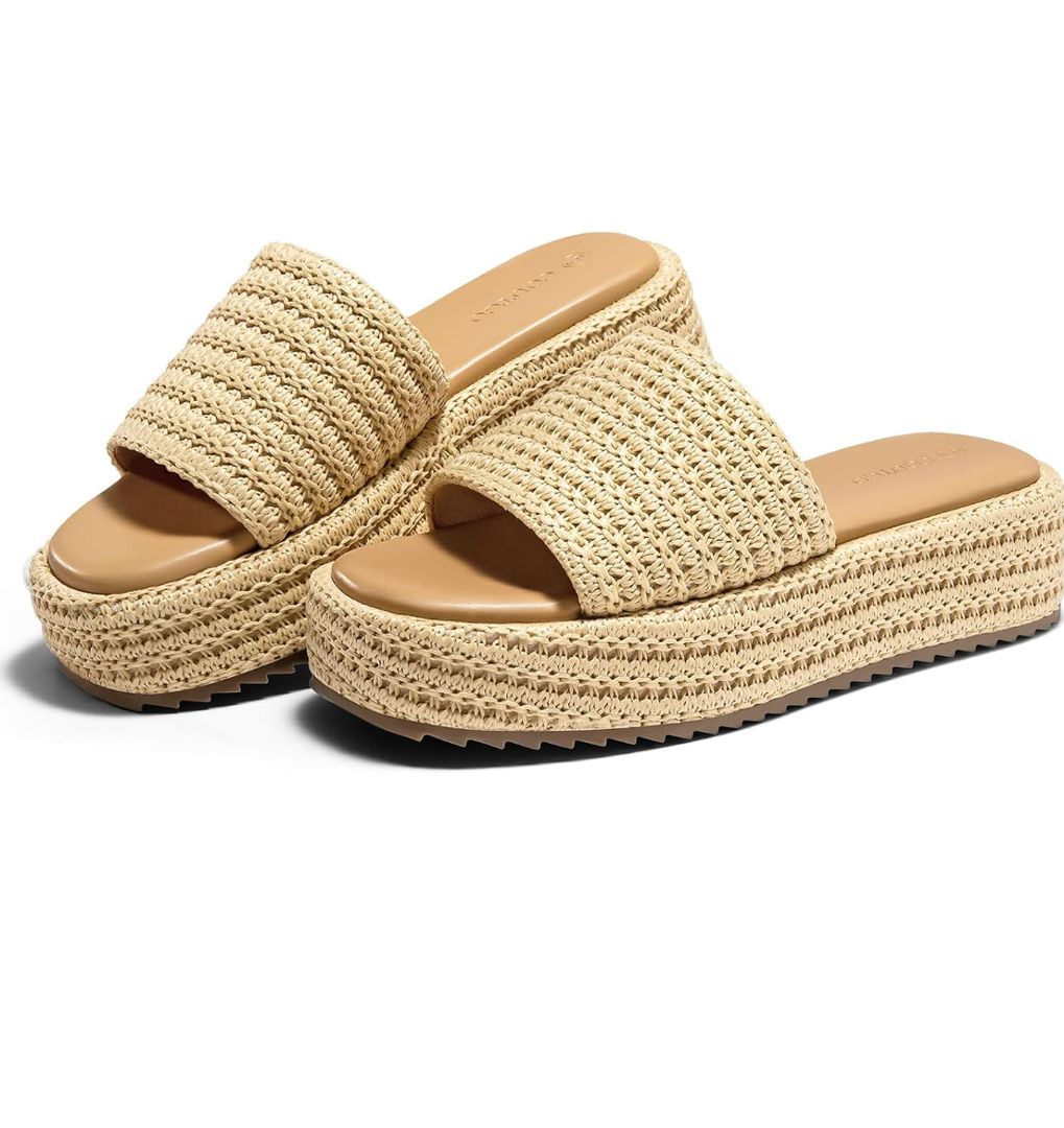 Coutgo Womens Platform Sandals Raffia Espadrilles Slip on Open Toe Cute Boho Summer Beach Slide Sandals, Size 8.5