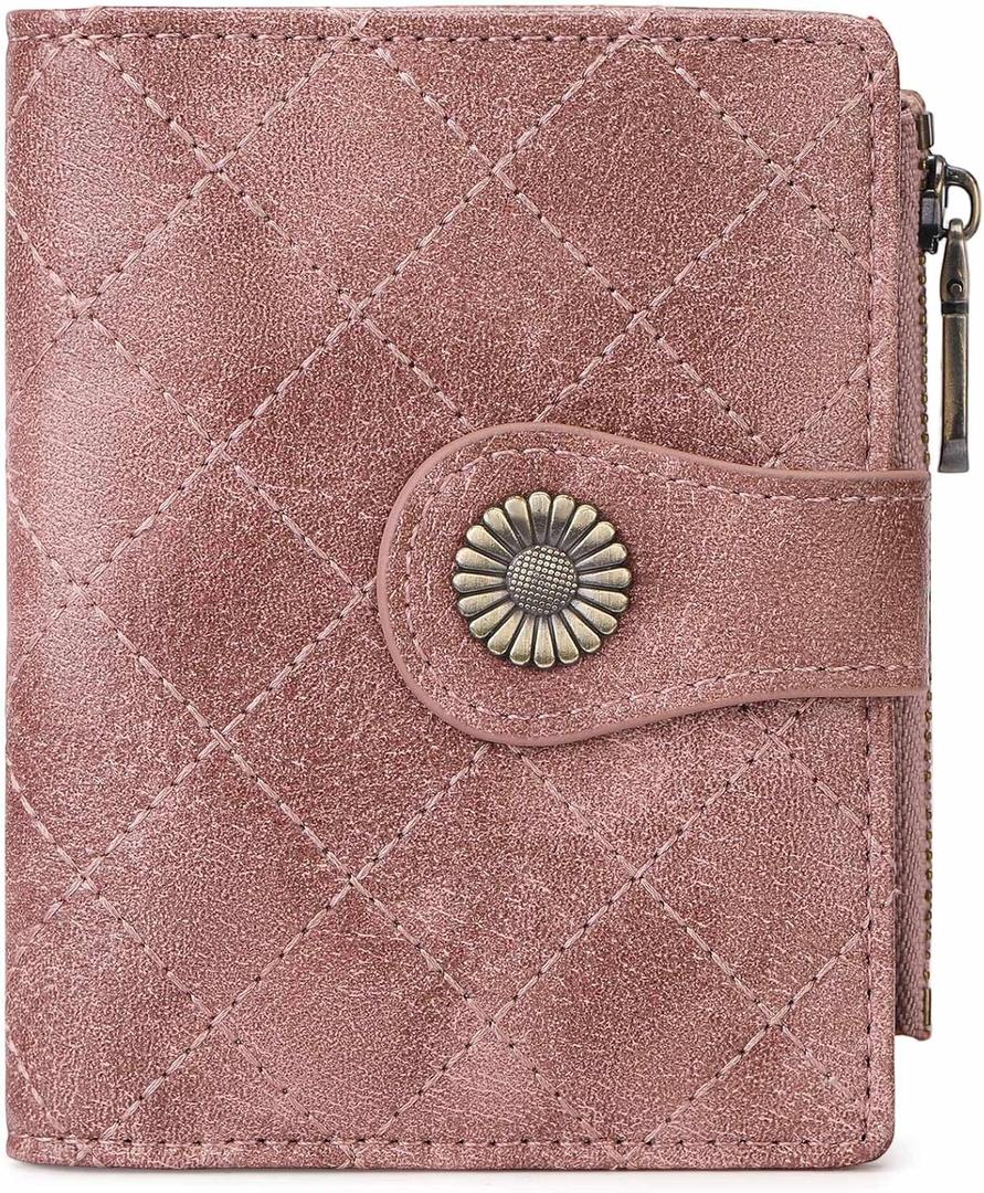 FALAN MULE Small Wallet for Women Bifold RFID Blocking Leather Card Holder with Zipper Coin Pocket (Pink)