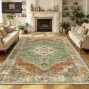YARNSCAPE 9' x 12' Machine Washable Area Rug, Non-Slip Low-Pile Carpet
Lightweight Foldable Rug for Large Living and Dining Rooms, Vintage Distressed Floral Medallion, Sage Green & Terracotta