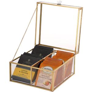 ELLDOO Gold Glass Tea Bags Box with Lid, Trinket Jewelry Box Countertop Storage for Sugar Packets Makeup Sponges Jewelry, 4 Grids, Glass Box Only