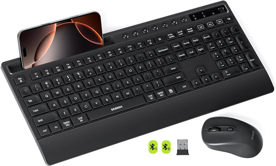 seenda Bluetooth Keyboard and Mouse, Multi-Device Ergonomic Keyboard Mouse with Wrist Rest, Phone Holder, Full Size Wireless Quiet Combo Compatible for Windows, Laptop, MacBook Pro/Air, iPad - Black