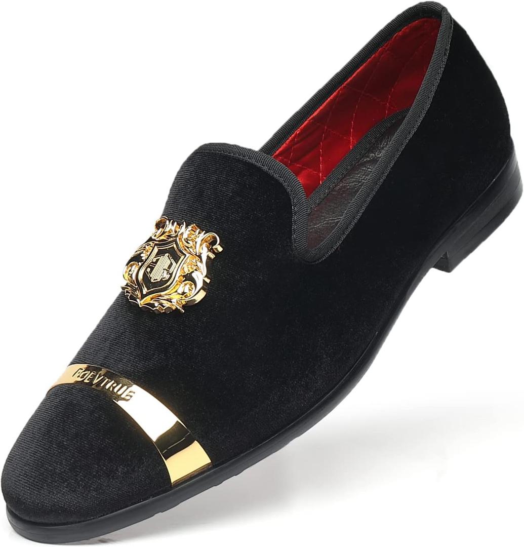 Men's Loafers Velvet Gold Buckle Fashion Handmade Party Wedding Prom Shoes (9, Black), 42