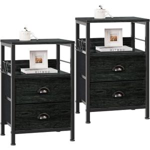 Furologee Nightstands Set 2, Night Stand with 2 Fabric Drawers, Bedside Tables with Open Shelf, Wooden Top, Hooks, Backboard Design, Metal Frame, End Tables for Bedroom/Living Room/Study/Black Oak