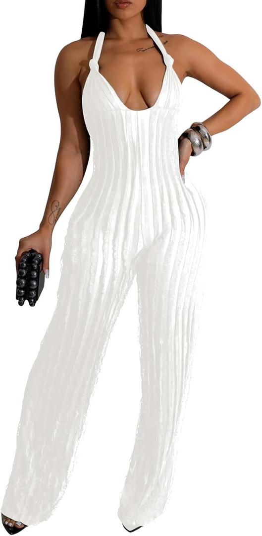 Summer Halter Backless Jumpsuits for Women Sexy See Through V Neck Tie Pleated One Piece Wide Leg Long Pants Romper (Medium, White)