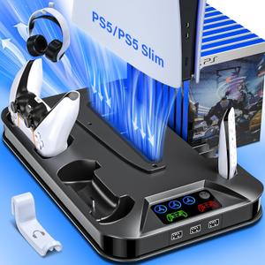 PS5/PS5 Slim Cooling Station with Controller Charging Station for PlayStation 5 Slim&Standard Disc/Digital Console, PS5 Slim Stand Cooler Accessories Incl Cooling Fan/3 USB Hubs/Headset Holder-Black
