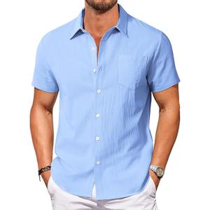 Vssjavun Mens Short Sleeve Button Down Shirts Casual Cotton Shirt Summer Beach Shirts (Blue, XXL)