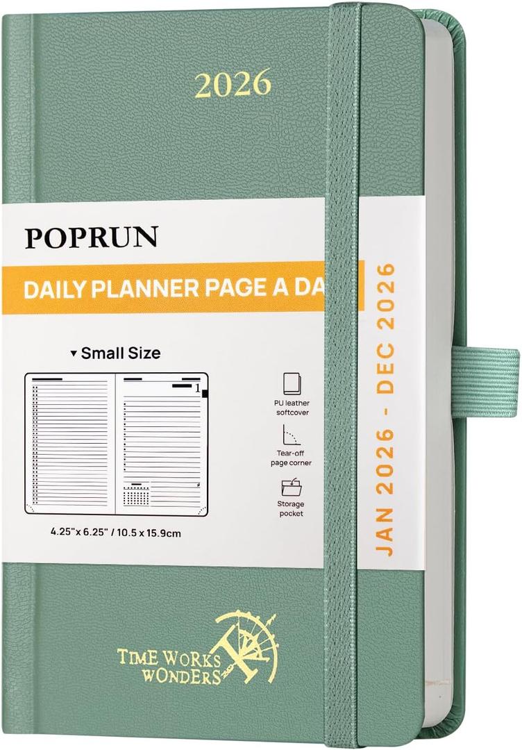 POPRUN 2026 Daily Planner One Page Per Day A6 Size Calendar (4.25" x 6.25") - 12 Months Hourly Appointment Book with Hardcover, Monthly Tabs, Pocket, Pen Holder - Midnight Green