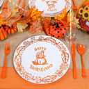 175pcs Plastic Thanksgiving Dinnerware Set for 25 Guests, 25 Disposable White Dinner Plates 10.25", 25 Gold Turkey Pumpkin Dessert Plates, 75 Orange Silverware, 25 Cups and Table Cards