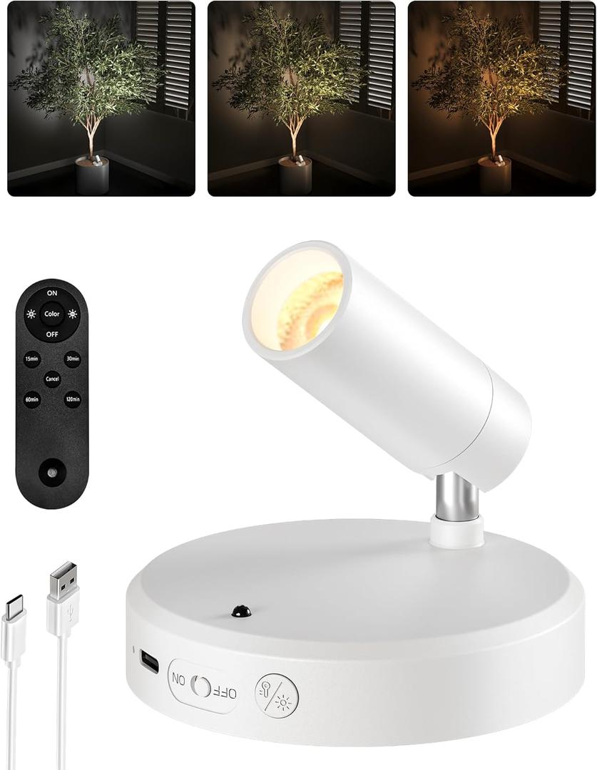 EZVALO Battery Powered LED Spotlight Indoor, Wireless Picture Lights with Remote, 5500mAh Rechargeable Mini Display Light, Uplighting Indoor for Artwork, Tree, Painting, Portrait (white-1Pack)