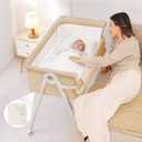 Bedside Sleeper, Baby Bassinet with Crib Sheet and Wheels | 4 Adjustable Height Bedside Crib with Comfy Mattress, Breathable Mesh Baby Crib for Newborn, Khaki, MinoBub