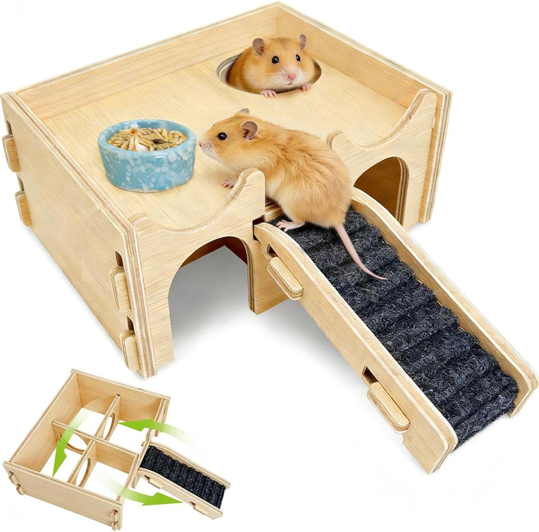 BNOSDM Wooden Hamster Hideout Syrian Hamsters Multi-Room Hideouts & Tunnel Exploring Toys Gerbils Wood House with Ladder for Dwarf Mouse Mice Rat and Other Small Animals