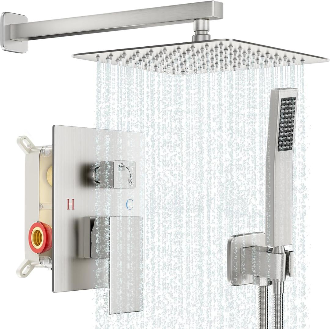 Shower Faucet Set Bathroom Square Rain Shower Head and Handle Set, Wall Mounted Shower Fixtures With Shower Valve and Trim Kit 10 inch Brushed Nickel