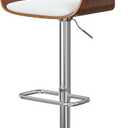 SIMPLIHOME Lowell Adjustable Swivel Bar Stool - 33 inch Seat Height Upholstered Metal Chair in White Faux Leather, Mid Century Seating for Kitchen or Bar with Curved Bentwood Back