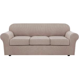H.VERSAILTEX 4 Piece Stretch Sofa Covers for 3 Cushion Couch Covers for Living Room Slipcovers (Base Cover Plus 3 Seat Cushion Covers) Upgraded Thicker Jacquard Fabric (Sofa, Sand) (Large)