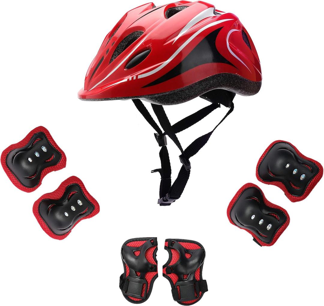 Kids Helmet Knee Elbow Pads Wrist Guard Sport Protective Gear Adjustable Scooter Skateboard Roller Bike Skate Cycling Safety Set for Boy Girl (Red4-12 years/18.5-22.4 IN))