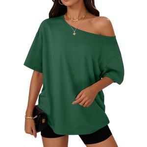 Trendy Queen Womens Off the Shoulder Tops Oversized T-Shirts Short Sleeve Tees Summer 2026 Casual Spring Clothes (Green, L)