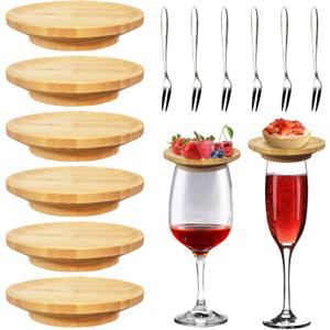 ZYNERY 6 Pcs Wine Glass Charcuterie Topper, Wine Glass Topper Charcuterie Plate, Mini Charcuterie Boards Wine Glass Covers, Bamboo Coasters with 6 Fruit Forks for Family Gatherings Party