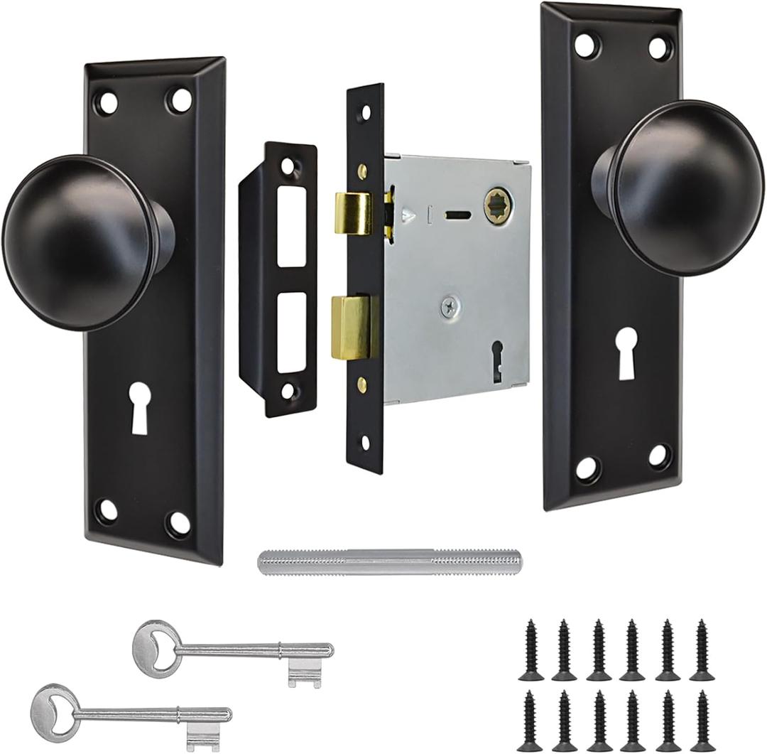 Mortise Lock Set Interior Door with Skeleton Key, Antique Vintage Door Knobs Replacement Hardware Fits 1-3/8" - 1-3/4" Thick Doors, Black, 1 Pack