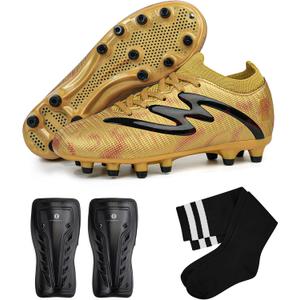 brooman Kids Firm Ground Soccer Cleats Boys Girls Football Shoes with Shin Guards and Soccer Socks (Yellow, 13)