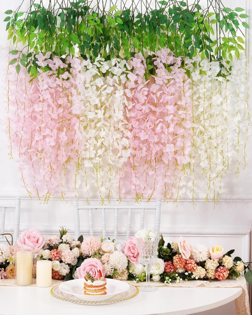 Waipfaru 36 Pack Wisteria Hanging Flowers, White Light Pink Wisteria Artificial Flowers, 3.6 Feet/Pcs Fake Flowers Garland Vines for Bedroom Wedding Home Party Wall Decoration