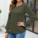 Funlingo Womens Long Sleeve Tops Fashion Fall Shirts Scoop Neck Pleated Ruffle Loose Tunic Tops Business Work Blouse (Green, S)