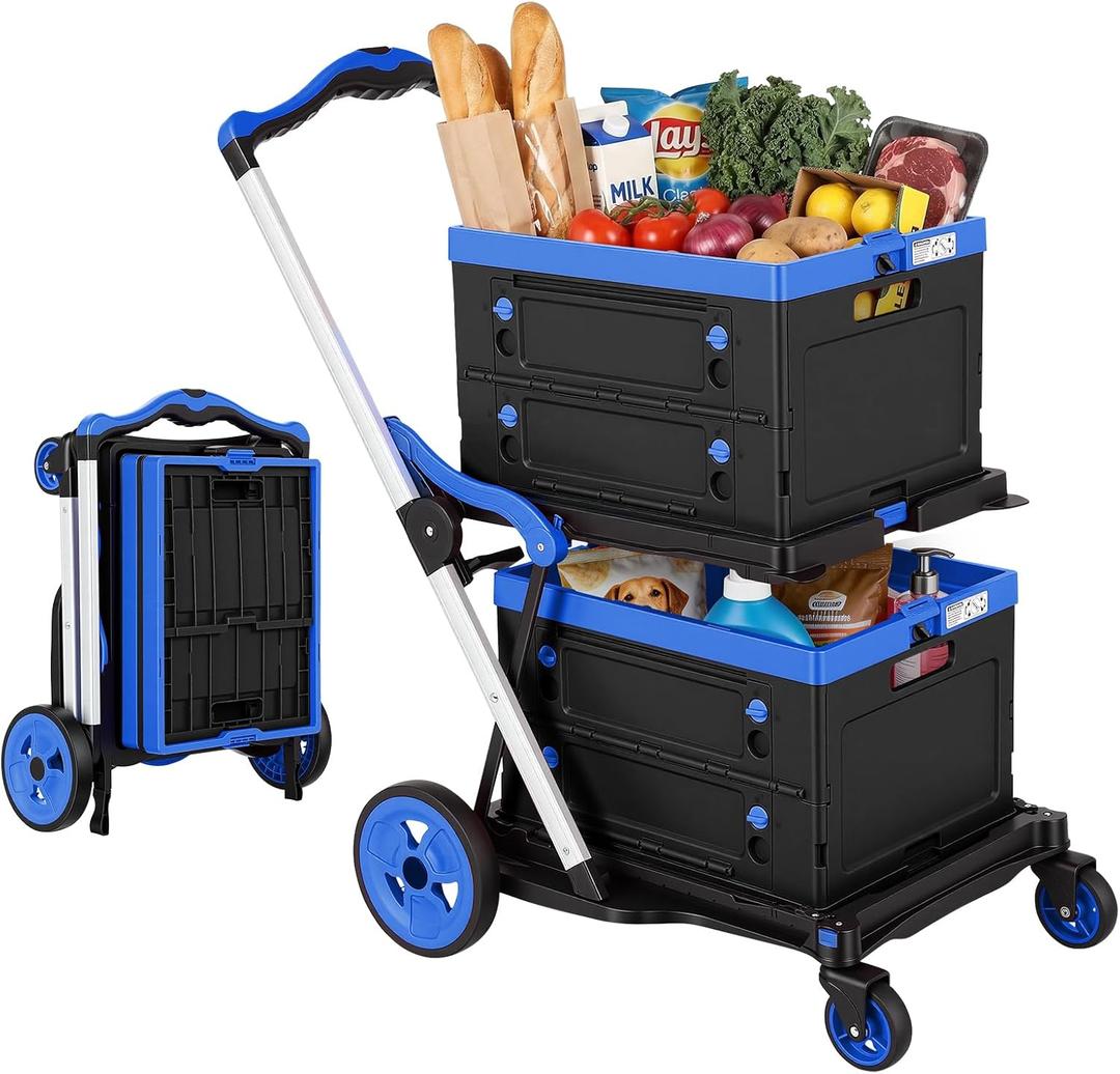 Collapsible Shopping Cart with Wheels, Foldable Platform Hand Truck (Blue)