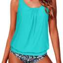 Yonique Two Piece Tankini Swimsuits for Women Blouson Bathing Suits Modest Swimwear Aqua Green Floral L