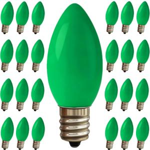 25 Pack C9 Christmas Green LED Light Bulb, Vintage Plastic C9 Ceramic Replacement Bulbs Waterproof C9/E17 Intermediate Base 0.6 Watt Great for Night Lights Christmas Patio String Lights