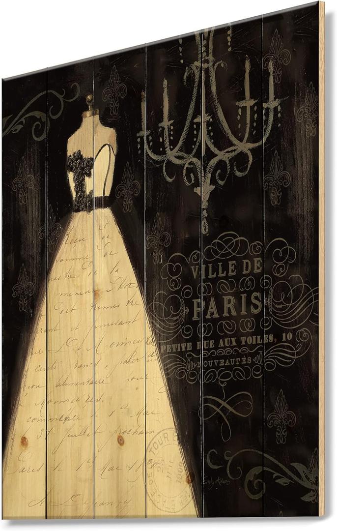 French Couture I Traditional Wood Wall Decor, Black Wood Wall Art, Large Fashion Wood Wall Panels Printed On Natural Pine Wood Art (32"L x 24"W)