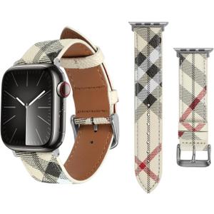REYUIK Leather Band Compatible with Apple Watch iWatch 49mm 45mm 44mm 42mm Women Men, Luxury Plaid Designer Leather Wristband for iWatch Ultra/Ultra 2 Series 9 8 7 6 5 4 3 2 1 SE SE2 (White)