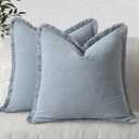 MIULEE Decorative Throw Pillow Covers Neutral Linen Fringe Throw Pillows Set of 2 Light Blue Boho Farmhouse Cushion Covers with Tassels for Couch Sofa Bed Living Room Spring Home Decor 20x20 Inch