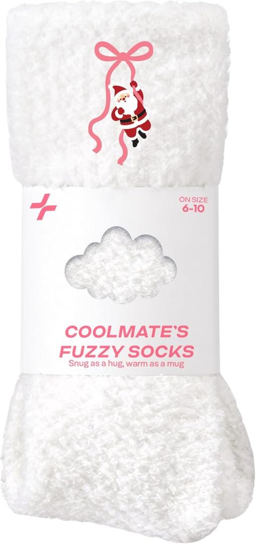 CoolMate GLOBAL Fuzzy Socks for Women Valetines Gift Box, Cozy, Soft, Stocking Stuffers, Comfy Cloud-Like Socks for Spa,Home (C-01. Santa White)