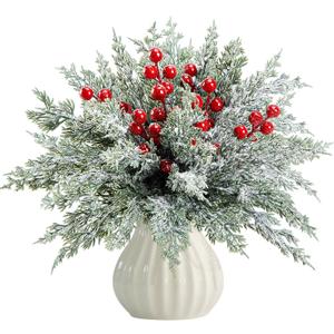 60 Pcs Artificial Christmas Snow Pine Branches with Red Berry Stems, Snowy Faux Greenery Norfolk Pine Cypress Leaves Stems, Berries White Frosted Fake Foliage Pine Needle Picks for Garland Home Decor