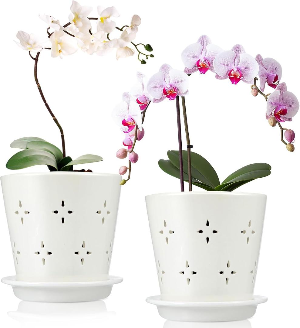 Suclain 2 Pcs 5 Inch Ceramic Orchid Pots with Holes Outdoor Indoor Orchid Planter Pot with Drainage Hole and Saucer Flower Pot Set for Repotting Promote Airflow Deter Over Watering (White)