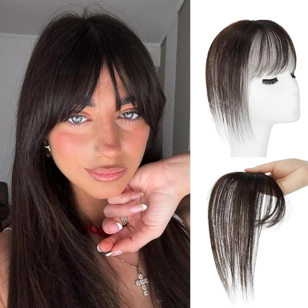 EINAEY Hair Topper with Bangs, 100% Human Hair 360 Coverage Dark Brown Clip in Hairpiece for Women, Natural Seamless Blend with Invisible Clips for Women Girls Daily Wear