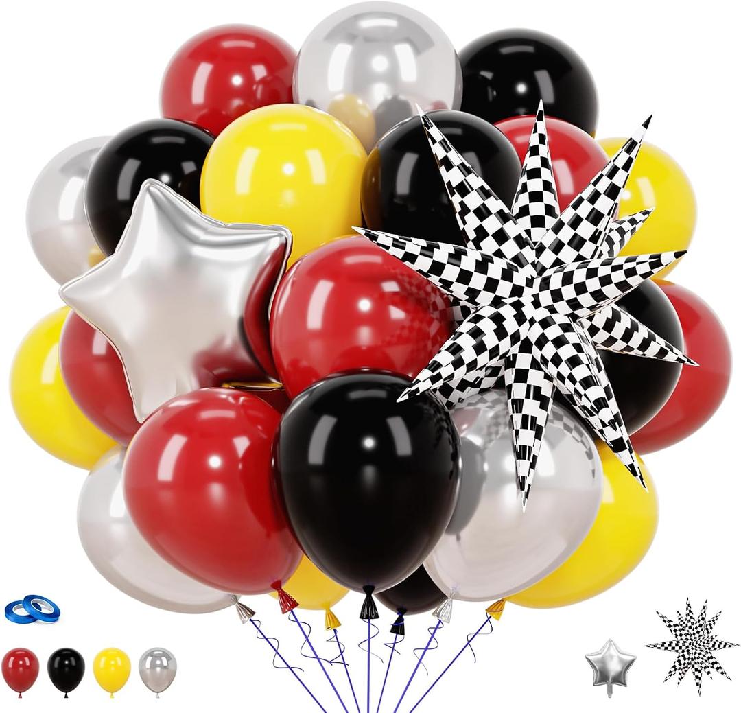 Race Car Balloons Black Red Yellow Silver 12 Inch 58pcs Checkered Star Foil Balloons Decorations for Car Theme Party for Boys Men Kids Two Fast Baby Shower Supplies, 1x2x3 inches