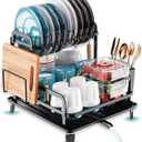 Dish Drying Rack - 2 Tier Dish Racks for Kitchen Counter, Drying Kitchen Plate Drainer with Auto Drainage, Cup Utensil & Cutting Board Holder Carbon Steel Bowl Strainer with Drainboard