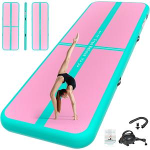 Pink Gymnastics Mat Inflatable Tumble Track Mats 16ft Training Mats for Home Air Mat for Kids with Pump 4" Thick for Cheerleading/Yoga/Exercise/Parkour/Beach/Park/Water